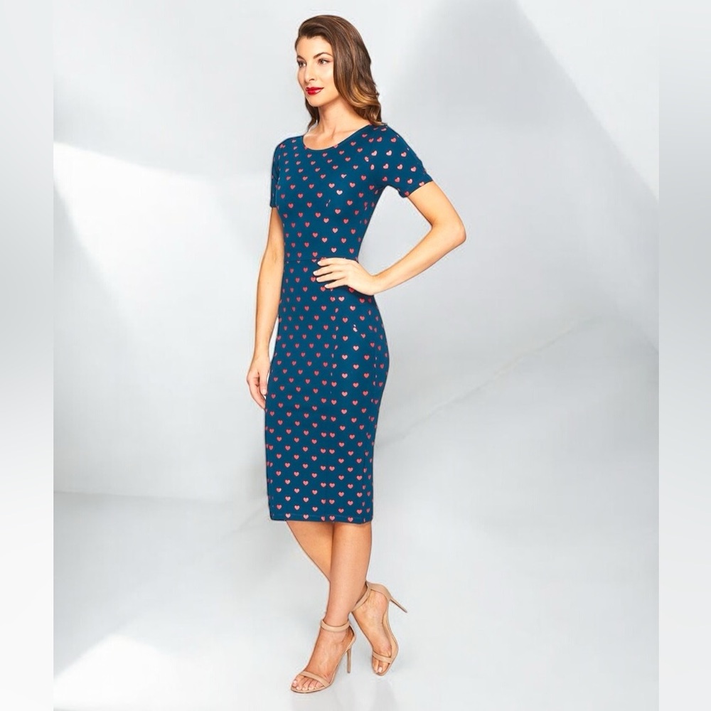 Beautiful Teal Red Heart Unique Vintage Retro Style Wiggle Dress Medium - Picture 2 of 8